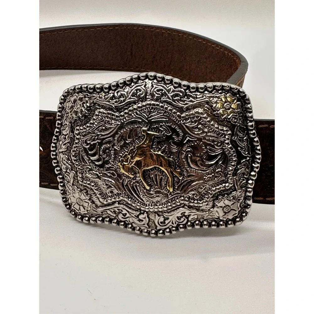 Kids Western Tooled Brown Leather Belt Bull‎ Rider Silver Gold Buckle Cowboy 29